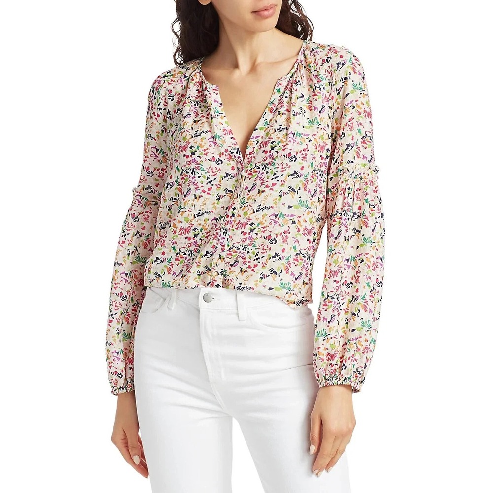 Tanya Taylor Illa Confetti Silk Blend Button Front Balloon Sleeve Top Womens 2